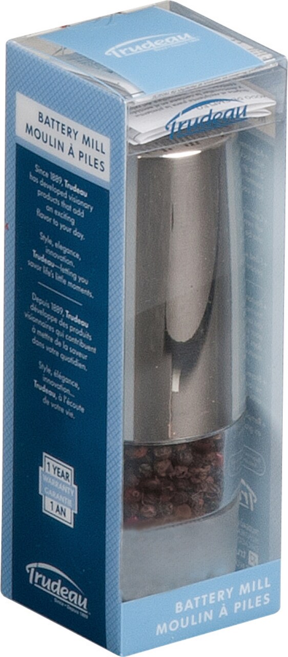 Trudeau Stainless Steel Battery Operated Pepper Mill 6"-Silver W/Pepper
